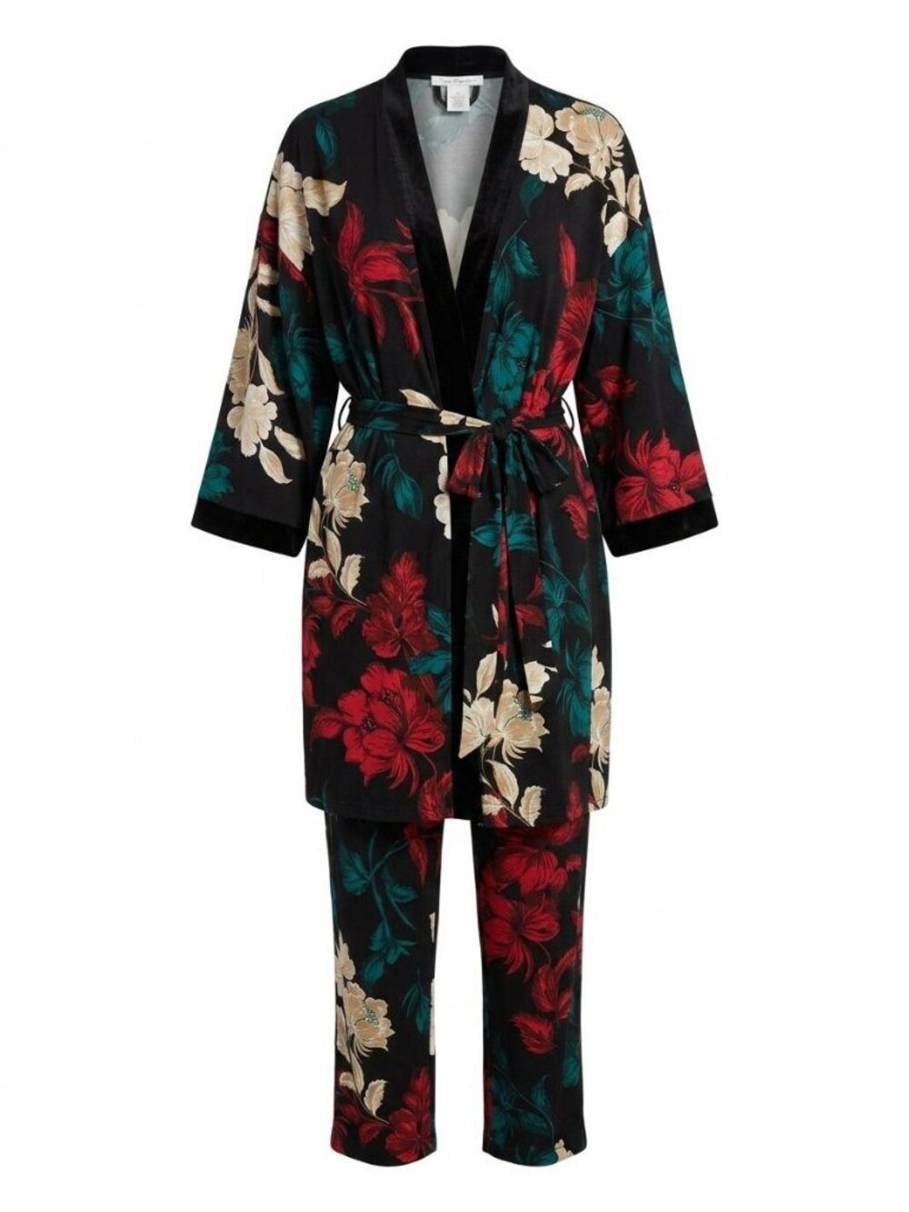 NWT Linea Donatella 2 Piece Pajama Set Sz S Black Floral Wrap Robe Pants Lounge